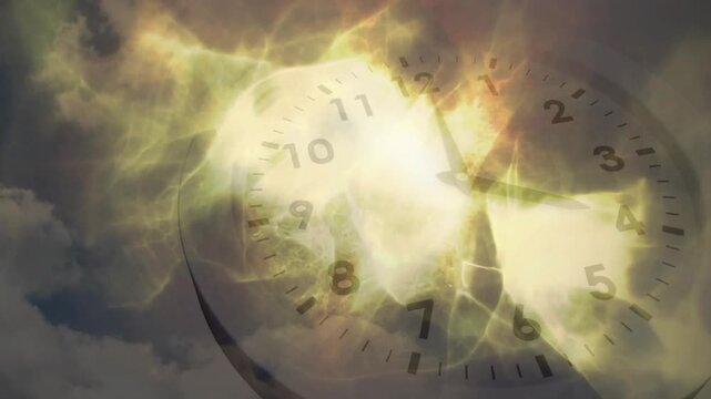 Clock amid clouds, central glow pulsing veins, hands rotating clockwise, showing time for tech demo