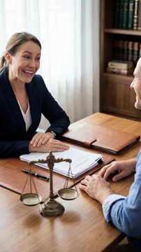 Female lawyer and male client talking and closing deal, shaking hands after making a legal agreement with a scale of justice on the desk, overhead view with static camera