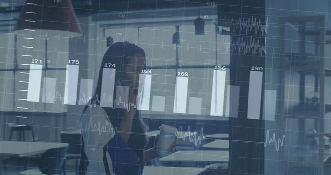 Woman walking in business cafe tapping phone and activating data bars and waves, tracking metrics