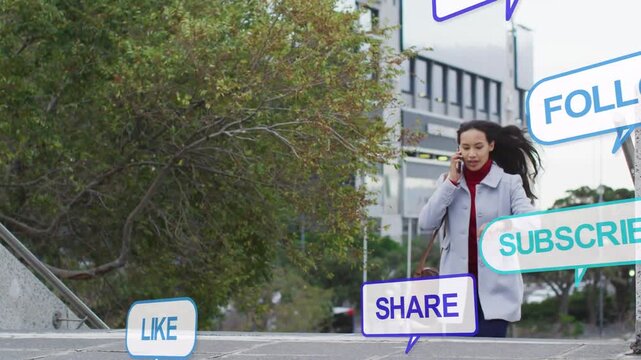Entering right woman in grey coat descending plaza steps to work phoning checking watch, copy space