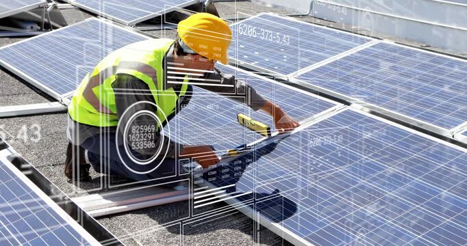 Solar installer placing panel, using level and fastening on rooftop, HUD overlays guiding alignment