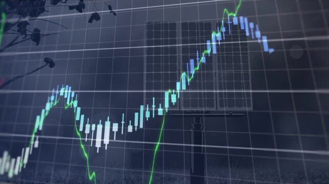 Solar panel staying centered, grid fading in, charts animating in, showing solar output trends