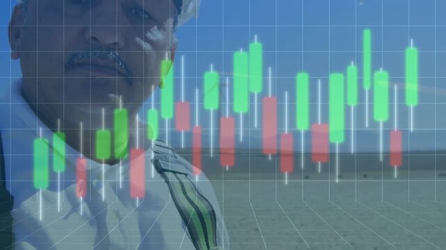 Construction inspector centering rooftop for safety as camera zooming, candlestick chart overlaying