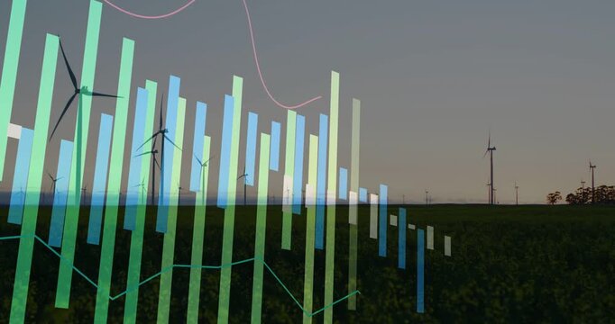 Vertical video: Appearing left, data bars sliding over turbines, pink wave showing power at sunset