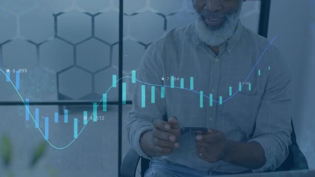 Trader tapping smartphone while candlestick chart sliding across screen, tracking portfolio gains