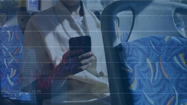 Woman rider tapping phone on bus, checking finances and causing percent charts covering blue seat