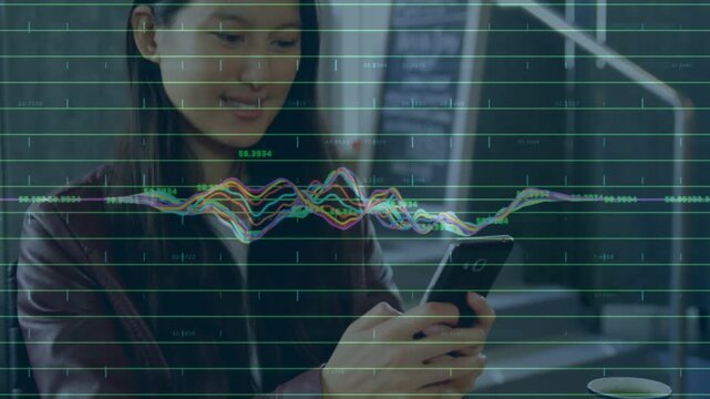 Vertical video: Gripping phone, woman reading content in jacket at cafe with mug paper waveform
