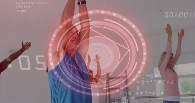 Senior male blue tank guided by HUD fitness counter, raising then joining palms, tracker visible