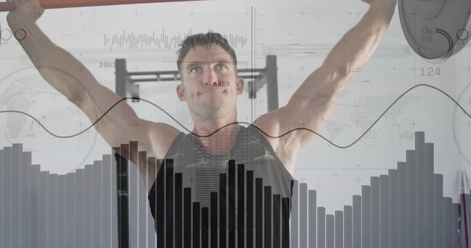 Man gripping barbell and bracing, pressing overhead then rowing with data overlays tracking fitness