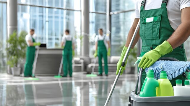 Professional cleaning company staff maintaining a modern office lobby in fresh green and silver corporate tones