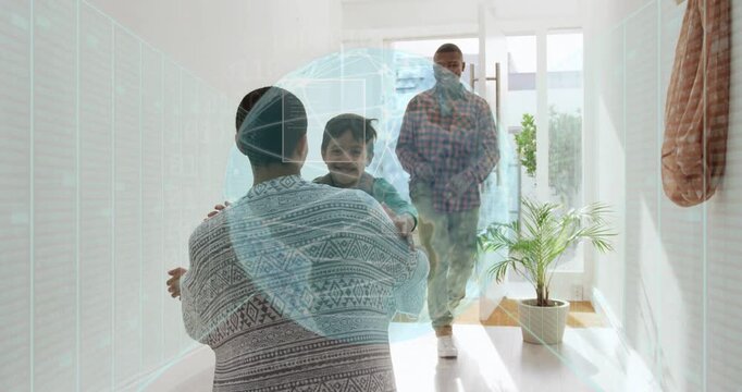 Vertical video: Mom welcoming kid backpack door opening, dad joining hug, tech globe hovering
