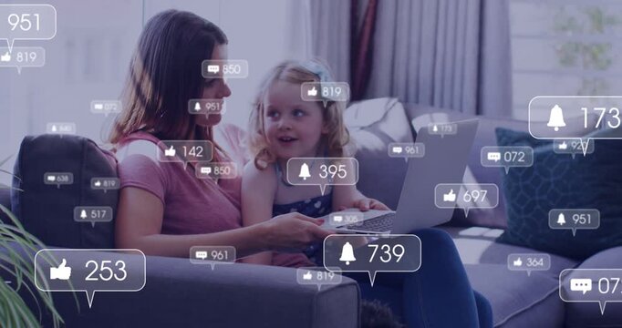 Mom and girl on sofa viewing post, tapping laptop causing likes comments alerts growing then fading