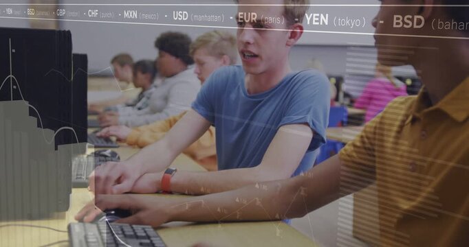 Vertical video: Panning revealing blue tee teen pausing typing, asking peer for help in lab overlay