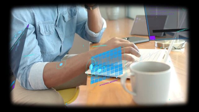 Man moving to phone checking tech as UI sliding over hands returning to laptop typing two-handed