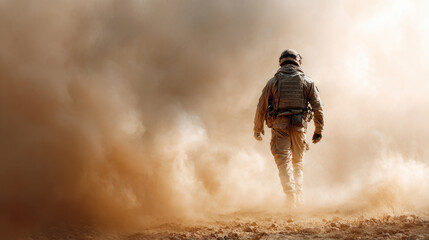 Obraz premium Soldier walking alone through a dust filled, hazy battlefield, wearing camouflage combat uniform and helmet, representing courage, perseverance, and military conflict