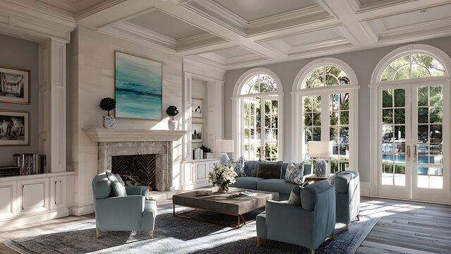 Elegant living room with blue sofa, arched windows, marble fireplace, coffered ceiling, and natural light.