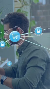 Vertical video: Man typing blue orb sparking growing ecom network covering man with cart lock nodes