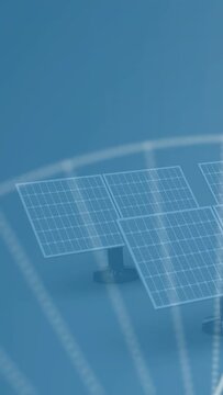 Vertical video: Particles thinning revealing solar array on blue set, sending power arcs