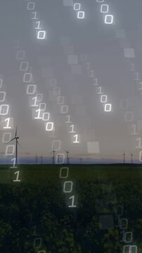 Vertical video: Single binary stream arising above turbines growing glow squares and mapping power