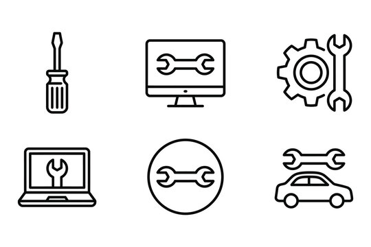 Computer and car repair service line vector icons set with computer automotive maintenance technology mechanical settings screwdriver