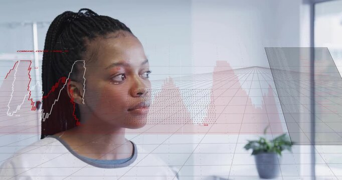 Vertical video: Woman tracking moving data overlays over face, assessing line graphs for business