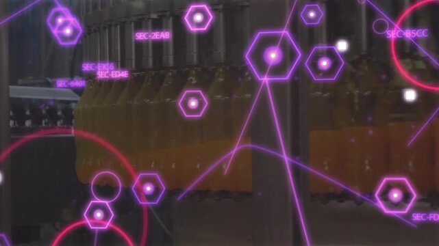 Sensor starting AR overlay sweeping glass, moving markers, revealing amber bottles for inspection