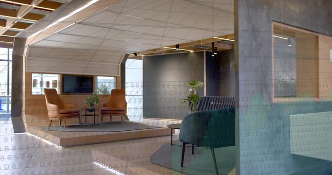 Faint pixels appearing lower left, digital graphs rising and flowing across lounge visualizing data