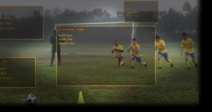 Coach gesturing soccer players training synced lunges past cone AR QUANTUM_CORE tracking latency