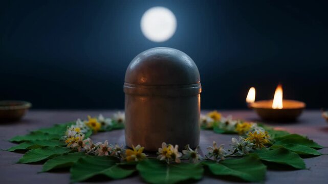 Religious Shiva Lingam Ritual Setup for Jyeshtha Adhika Purnima with Flowers  Lamps  and Sacred Container Under Moonlit Sky