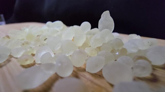 Macro shot of premium Mastic gum (Pistacia lentiscus) tears on a wooden surface. High-quality footage showcasing the translucent, pale yellow resin used in medicine and cooking.