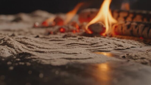 Macro Shot of Glowing Embers and Fine Textured Ash Surface Creating a Warm Rustic Atmosphere