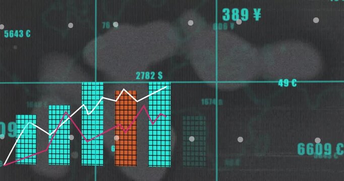 Finance tiled chart receiving data feed, animating bars rising while currency labels showing growth