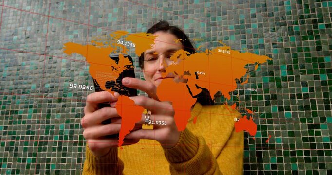 Overlay appearing, woman raising smartphone to view numbers, tapping and revealing face, smiling