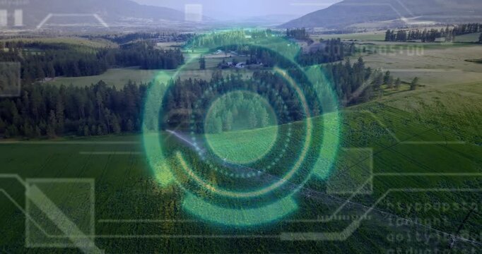 HUD appearing over valley, teal rings pulsing and rotating, sweeping scan revealing farmland