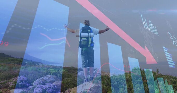 Hiker reacting to appearing data overlays, extending arms as bars descending to show market decline