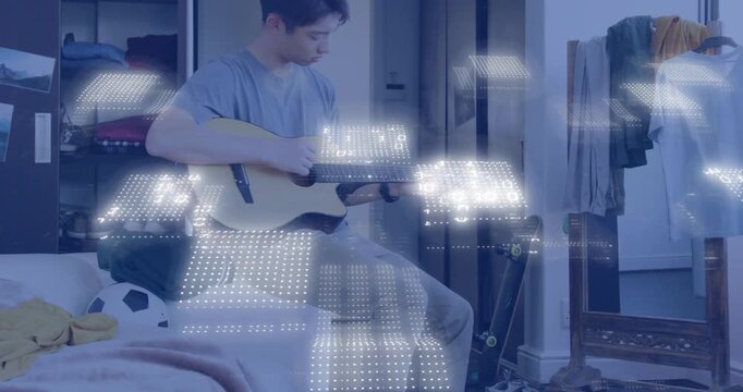 Teen on bed tuning guitar pegs, shifting frets, strumming as light grid pulsing, practicing music