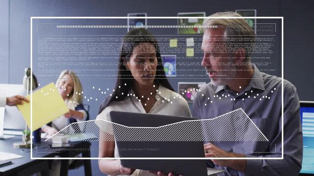 UI overlay appearing as pair reviewing laptop, team passing folders, graphs growing showing data