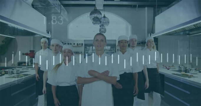 Lead chef cueing kitchen team stepping in line, posing for launch, animating waveform and overlays