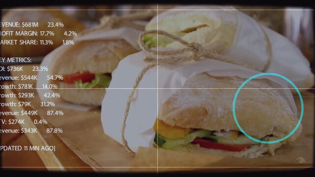 HUD animating on cue over sandwiches still cyan reticle settling on roll showing margins for bakery