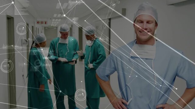 Three staff consulting tablet initiating HUD panning while surgeon posing, prepping for surgery