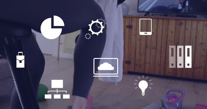 Vertical video: Placing foot, woman in red top pedaling bike reaching bottle, icons visible at home