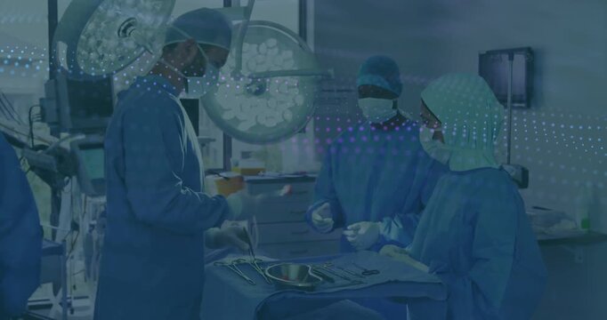 Lead surgeon reaching tray, team exchanging tools and prepping patient, dotted overlay obscuring