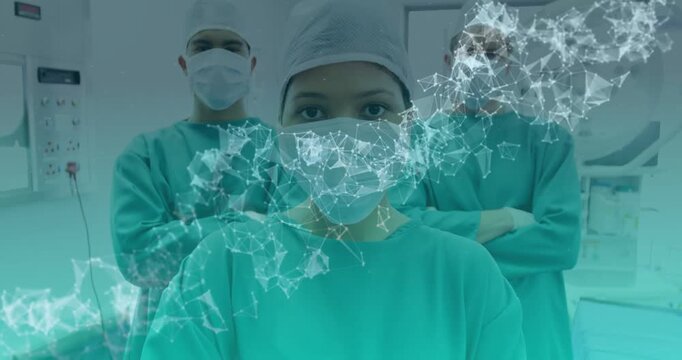 Female surgeon, camera pulling back revealing scrubs, overlay partly hiding faces, showing teamwork