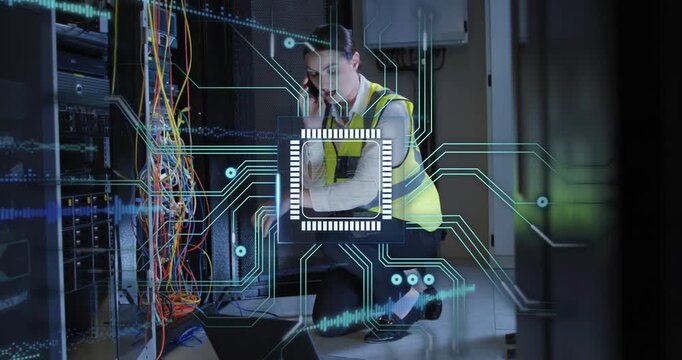 Vertical video: Kneeling tech in hi-vis taking call while testing rack on laptop with CPU overlay