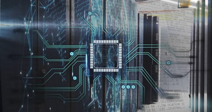 Chip icon appearing, central rack circuitry expanding and pulsing, showing live data flow