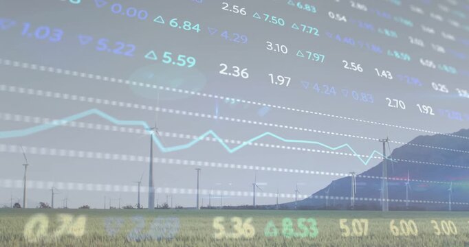 Market overlay updating over farm, feed driving pulsing values, shifting line chart showing trends