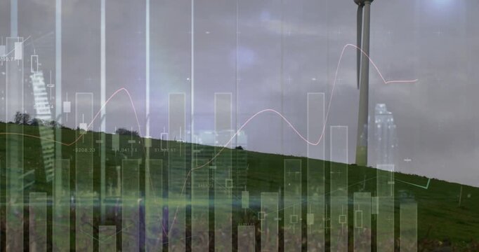 Wind turbine rotating from gust on hill, finance chart and candlestick animating to show energy ROI