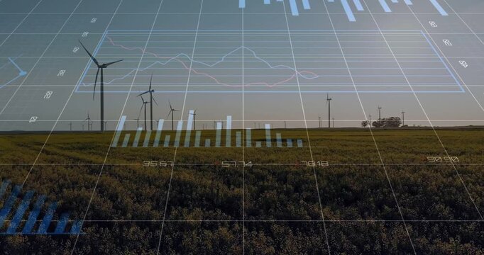 Wind farm stretching over grassy field, 3D grid showing animated charts, numeric labels, vehicle