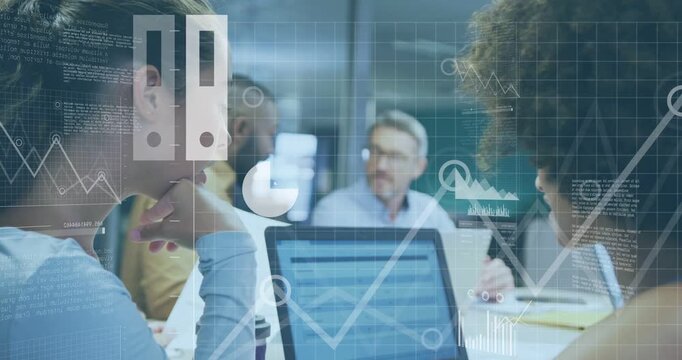 Two women pointing at tablet and activating animated cloud, bar, pie charts for technology analysis