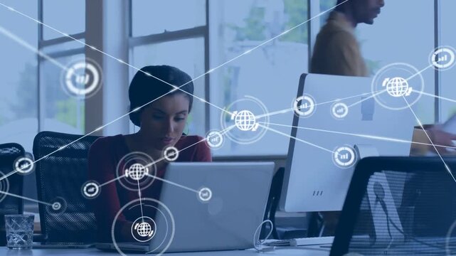 Network icon appearing, globe and chart nodes spreading and linking across desk showing data flow